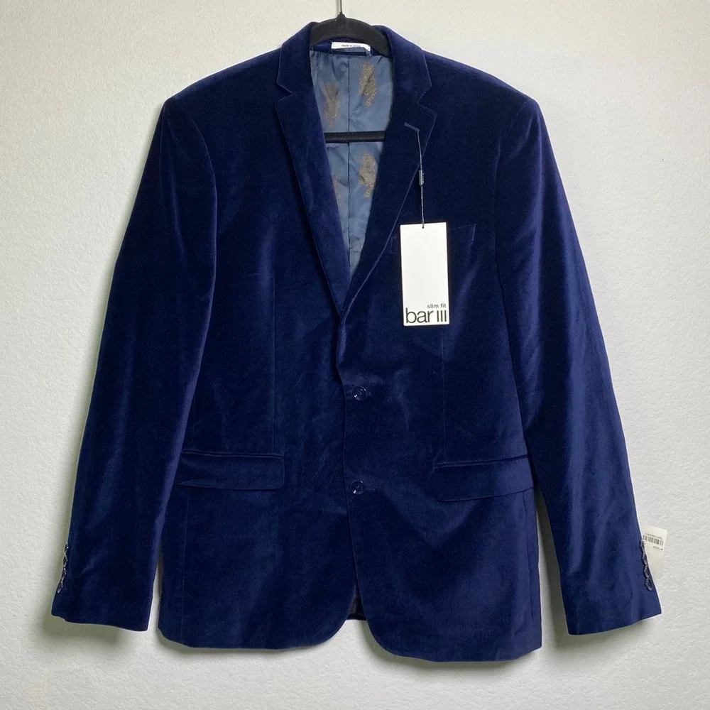 bar III Mens Slim Fit Velvet Blazer Jacket Blue Tiger‎ Print Lined 40R Holiday